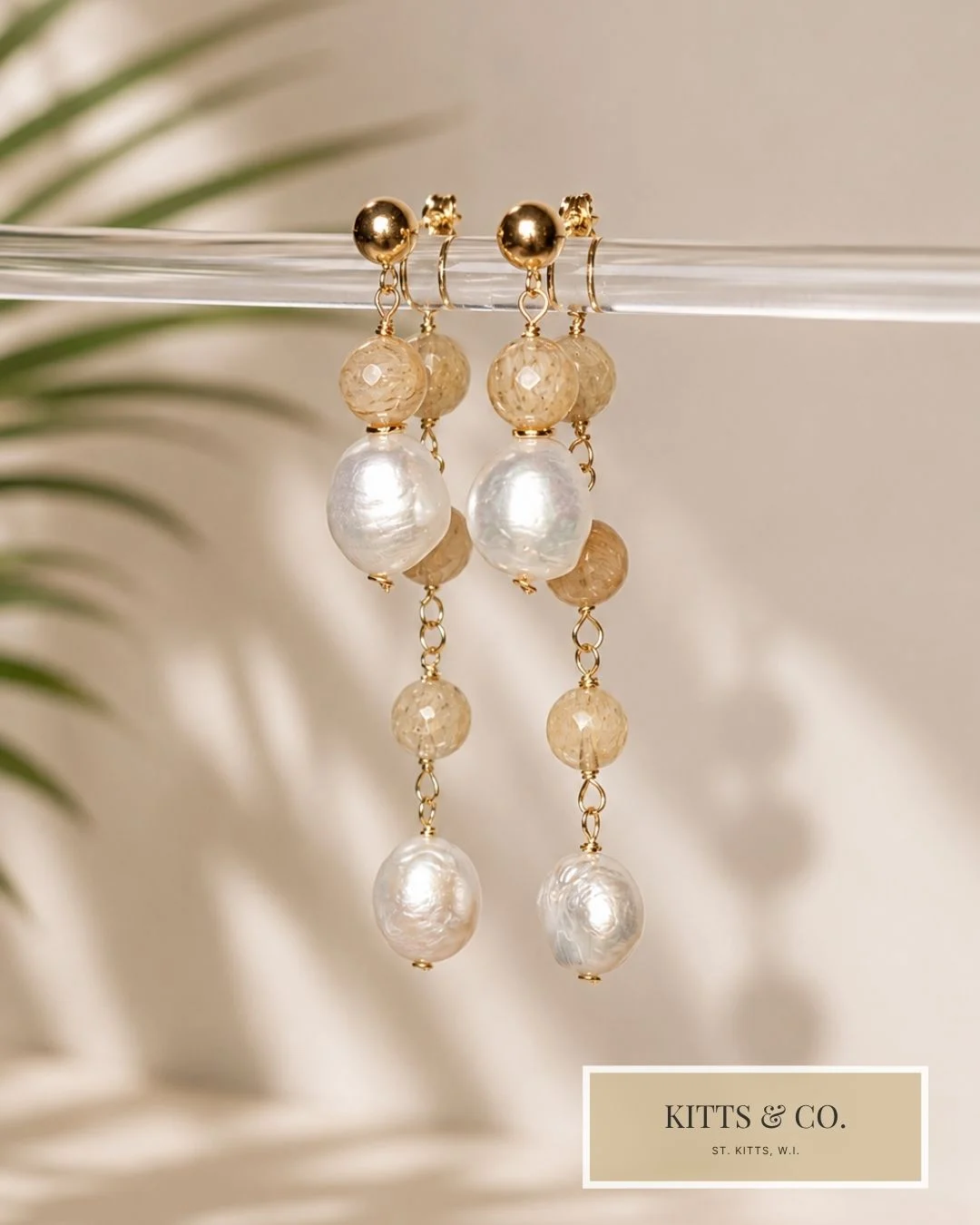 Champagne Quartz and Pearl Double Drop earrings